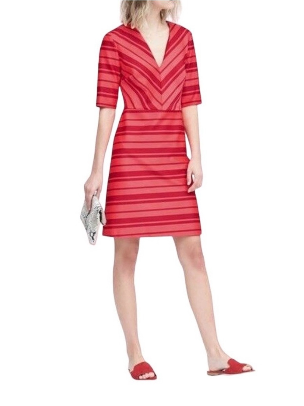 NWT Banana Republic Red and Dark Red Satin Striped V-Neck Midi Dress Size 8